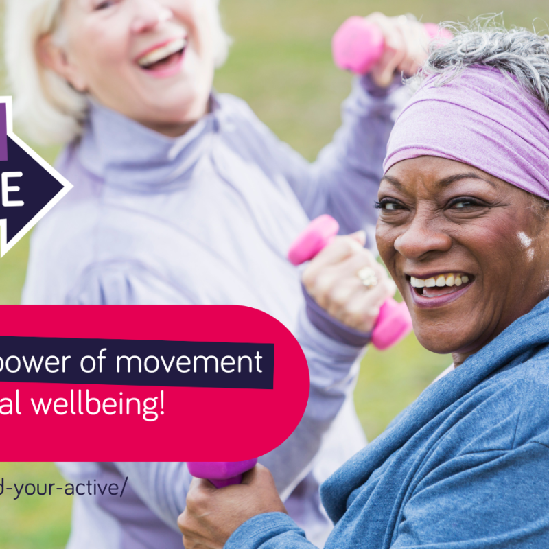 Two people jogging whilst smiling with text that reads 'find out the power of movement on your mental wellbeing - activeessex.org/find-your-active